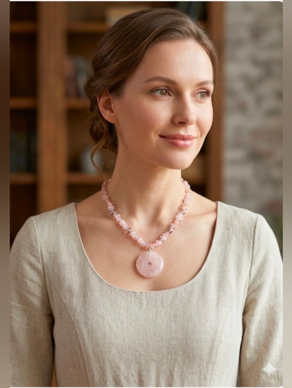 Rose Quartz Glass Bead Circle Pendant Necklace With Extender Pink